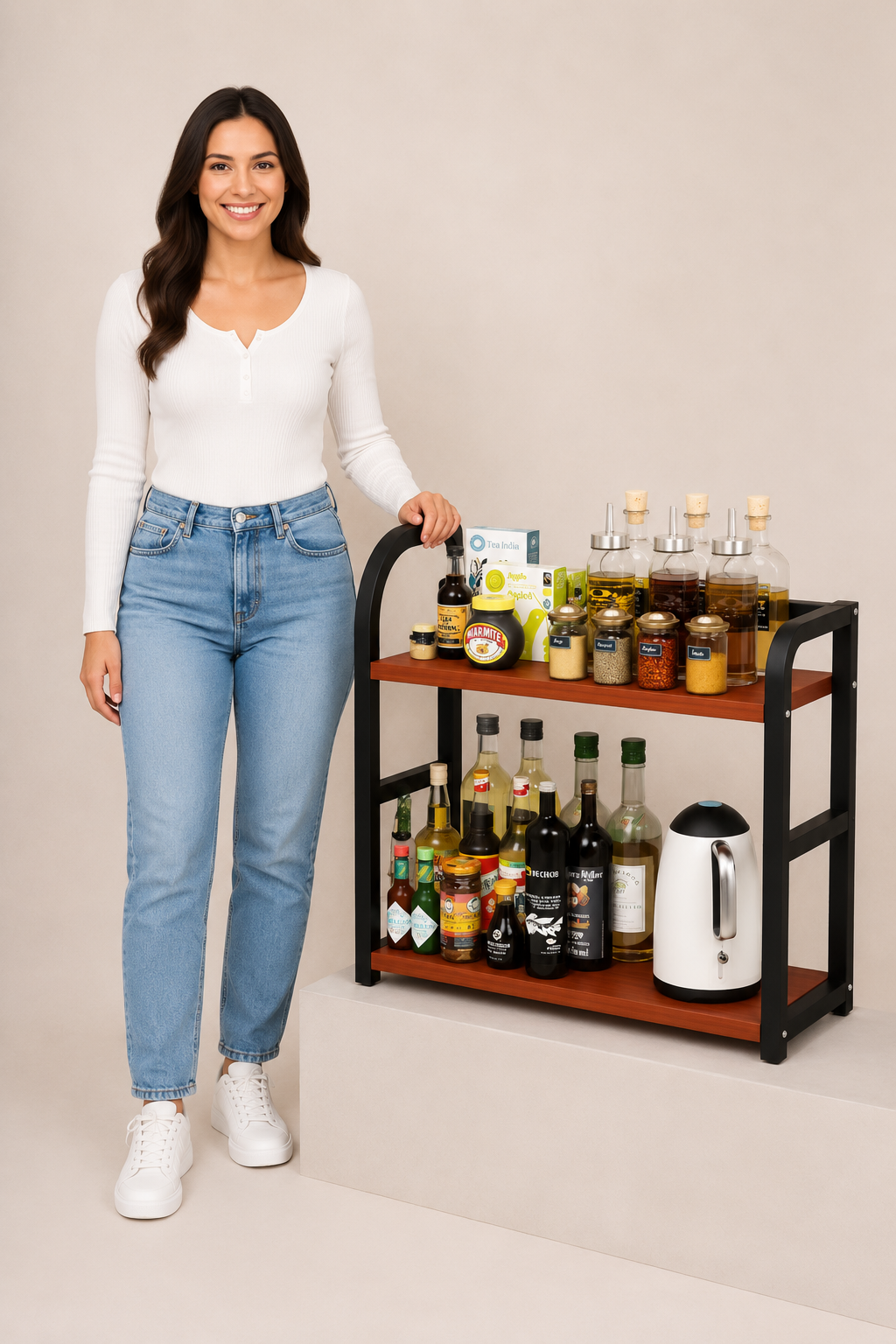 2-Tier Countertop Storage Rack with Wood Shelves