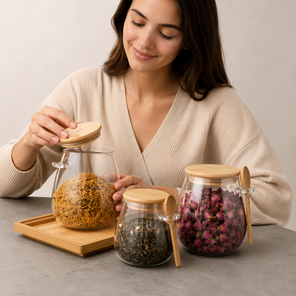 Bamboo Glass Storage Jar Set