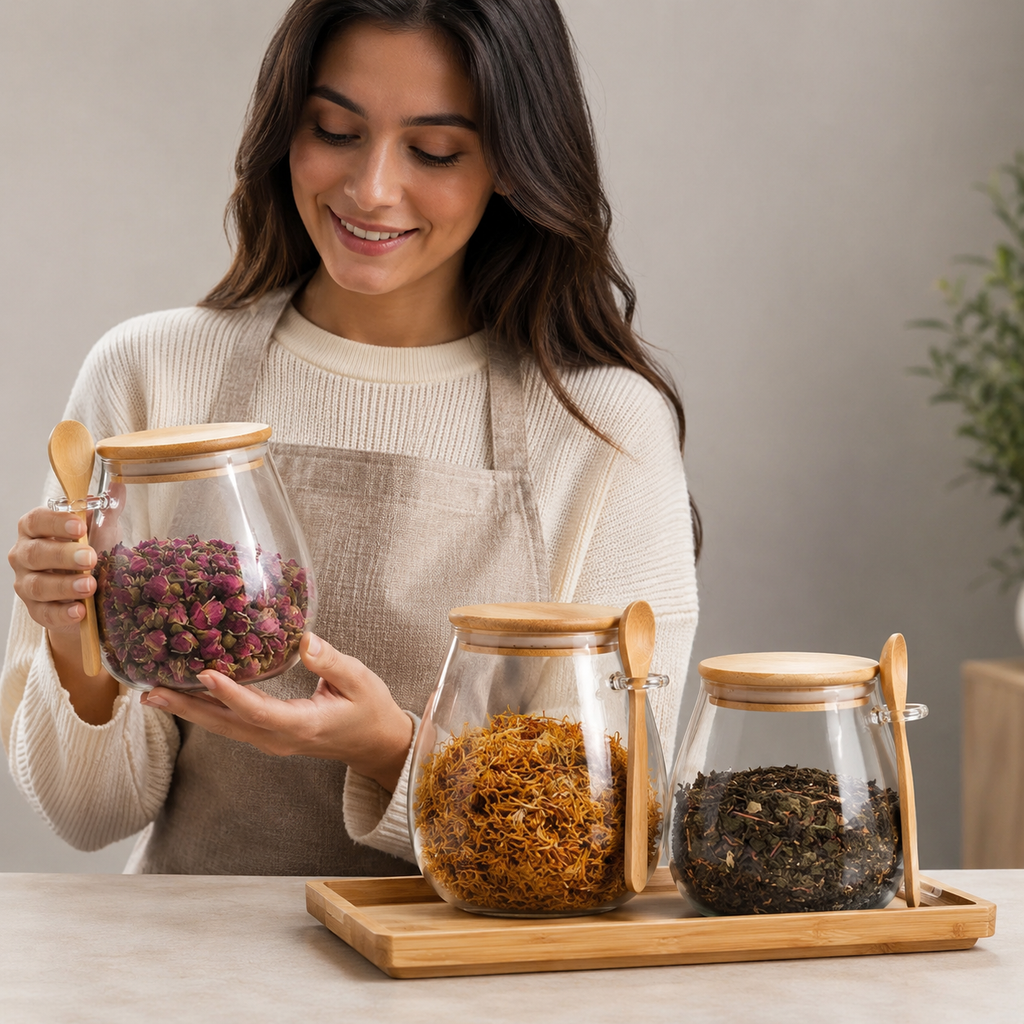 Bamboo Glass Storage Jar Set